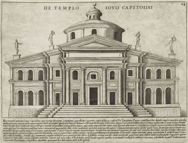 Temple of Jupiter Optimus Maximus in Rome, Templum Templo Iovis Capitolini, Ancient monuments, Antiquae Urbis Splendor, print, album page, View of the Temple of Jupiter Optimus Maximus in Rome. Text in Latin in lower margin. Numbered upper right: 28., printmaker: Jacobus Laurus, Italy, printer (person): Giacomo Mascardi, Rome, in or after 1637, printer (person), paper, etching, intaglio printmaking technique, etching with plate tone, height 177 mm x width 235 mm, This print is part of a set of 158 prints (title prints), which appeared in four volumes. Volumes one and two appeared in 1612. In 1615 the third volume appeared, and in 1628 volume four appeared. In 1637 Vitale Mascardi published the first reissue of the entire set with numbering., temple, shrine, Roman religion, representation of real building (either existing or having existed), Temple of Jupiter Optimus Maximus, A detailed architectural engraving of a large classical building with a stepped platform leading to a central en...