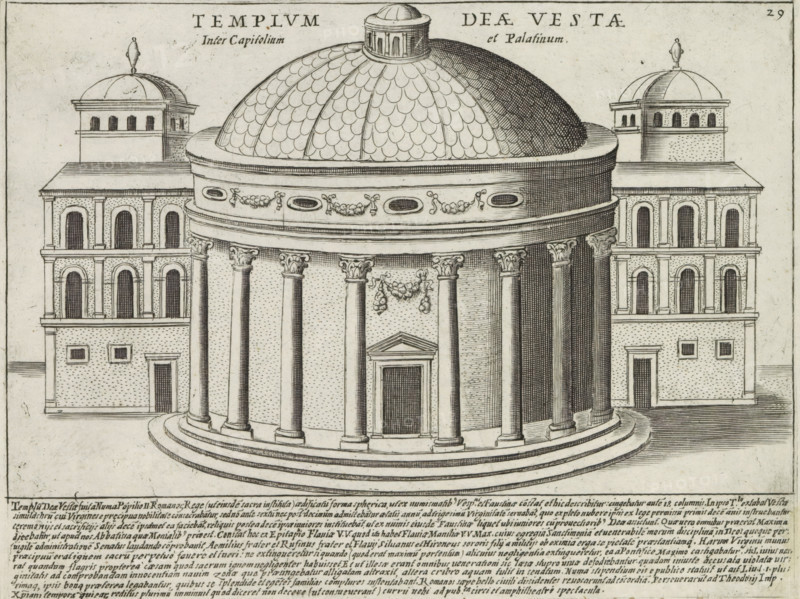 Temple of Vesta in Rome, Templum deae Vestae, Antiquae Urbis Splendor, Ancient monuments, print, album page, View of the Temple of Vesta in Rome. Text in Latin in the lower margin. Numbered upper right: 29., printmaker: Jacobus Laurus, Italy, printer (person): Giacomo Mascardi, Rome, in or after 1637, printer (person), paper, etching, height 177 mm x width 232 mm, This print is part of a set of 158 prints (title prints), which appeared in four volumes. Volumes one and two appeared in 1612. The third volume appeared in 1615 and volume four appeared in 1628. In 1637 Vitale Mascardi published the first reissue of the entire set with numbering., temple, shrine, Roman religion, representation of real building (either existing or having existed), Temple of Vesta (Rome), A large circular building with a domed roof sits on a tiered circular base and is surrounded by tall columns with ornate capitals forming a colonnade, with a central doorway beneath a small triangular pediment; the dome has a...