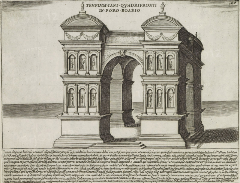 Arch of Janus in Rome, Templum Iani Quadrifronti in Foro Boario, Ancient monuments, Antiquae Urbis Splendor, print, album page, View of the Arch of Janus in Rome. Text in Latin in lower margin. Numbered upper right: 27., printmaker: Jacobus Laurus, Italy, printer (person): Giacomo Mascardi, Rome, in or after 1637, printer (person), paper, etching, intaglio printmaking technique, etching with plate tone, height 182 mm x width 235 mm, This print is part of a set of 158 prints (title prints), which appeared in four volumes. Volumes one and two appeared in 1612. In 1615 the third part appeared and in 1628 part four appeared. In 1637 Vitale Mascardi published the first reissue of the entire set with numbering., triumphal arch, representation of real building (either existing or having existed), Arch of Janus, A monochrome architectural engraving shows a classical monumental structure with two symmetrical square towers connected by a large central arch. Each tower has stacked tiers with colu...