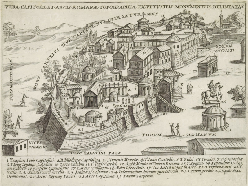 Vera Capitolii et Arcis Romana topographia ex vetusteis monumenteis delineata, Capitoline Hill in Rome, Antiquae Urbis Splendor, Ancient monuments, print, album page, View of the Capitoline Hill in Rome. Various structures stand on the hill, such as the Temple of Jupiter Optimus Maximus and the Bibliotheca Capitolina. An explanatory list with numbers in the lower margin. Numbered top right: 8., printmaker: Jacobus Laurus, Italy, printer (person): Giacomo Mascardi, Rome, in or after 1637, printer (person), paper, etching, height 178 mm x width 235 mm, This print is part of a set of 158 prints (title prints), which appeared in four volumes. Parts one and two appeared in 1612. The third part appeared in 1615, and part four appeared in 1628. In 1637, Vitale Mascardi published the first reissue of the entire set with numbering., city-view, and landscape with man-made constructions, temple, shrine, Roman religion, milestone, Capitoline Hill, An engraved bird’s-eye view of a walled classical ...