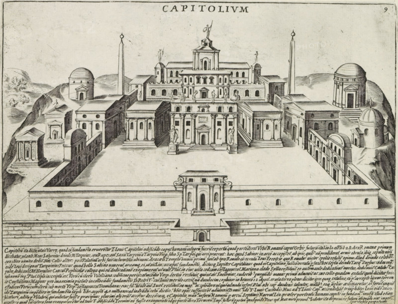 Capitolium, Capitoline Hill in Rome, Antiquae Urbis Splendor, Ancient monuments, print, album page, View of the Capitoline Hill, a hill in Rome. Text in Latin in the lower margin. Numbered upper right: 9., printmaker: Jacobus Laurus, Italy, printer (person): Giacomo Mascardi, Rome, in or after 1637, printer (person), paper, etching, height 178 mm x width 235 mm, This print is part of a set of 158 prints (title prints), which appeared in four volumes. Volumes one and two appeared in 1612. The third volume appeared in 1615 and volume four appeared in 1628. In 1637, Vitale Mascardi published the first reissue of the entire set with numbering, city-view, and landscape with man-made constructions, Capitoline Hill, A detailed ink engraving of a large rectangular complex with a central open courtyard surrounded by walls and multiple classical buildings, including a prominent multi-tiered palace-like structure at the far side with columns, pediments, statues on terraces, and a central statue a...