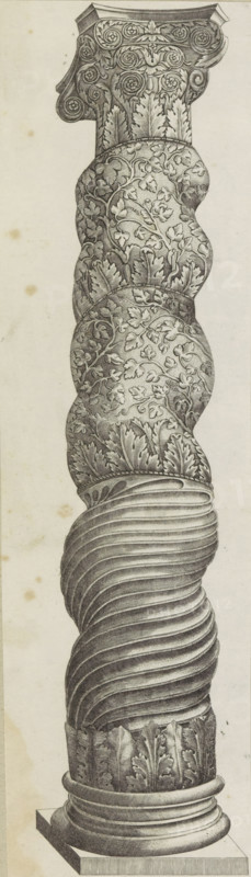 Twisted column from St. Peter's Basilica (Colonna Santa), Speculum Romanae Magnificentiae, print, album page, A twisted column decorated with tendrils with composite capital. Called the Colonna Santa., printmaker: Nicolas Beatrizet, Italy, publisher: Antonio Lafreri (possibly), Rome, 1525 - 1565, Nicolas Beatrizet, Antonio Lafreri, printmaker, publisher, paper, engraving, height 420 mm x width 156 mm, This print belongs to the print corpus known as the 'Speculum Romanae Magnificentiae' ('Mirror of Roman Splendor'). This corpus, consisting of prints depicting artworks and buildings from ancient and modern Rome, originated with publishers Antonio Salamanca and Antonio Lafreri. These two foreign publishers joined forces in Rome between 1553 and 1563. Their prints quickly became immensely popular among tourists and collectors, who purchased them individually or in large groups. Large groups of Speculum prints were often bound together in albums upon request. Several Speculum albums have su...