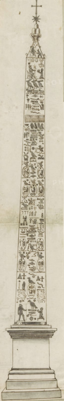 Egyptian obelisk, drawing, album page, The drawing is part of an album., Italy, c. 1550 - c. 1650, draftsman (artist), materials by function, paper, ink, pen, brush, pen in brown with brush in gray, height 495 mm x width 83 mm, obelisk, needle, A tall, narrow obelisk drawn in monochrome stands on a multi-tiered rectangular pedestal; the obelisk tapers to a pointed top crowned with a small decorative cap, a star-like ornament, and a cross above it. The obelisk shaft is densely covered with rows of carved symbols and pictorial elements arranged in horizontal bands, including stylized birds, seated and standing human figures in profile, various animal shapes, and other geometric and symbolic motifs depicted in a linear, relief-like style. Near the base of the shaft are two larger human figures facing each other with a horizontal element between them, and above and below are additional oval-framed motifs containing seated figures. The pedestal consists of several molded layers with a broad...