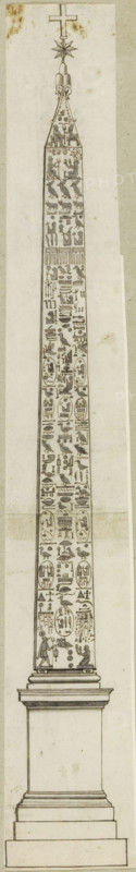 Egyptian obelisk, drawing, album page, The drawing is part of an album., Italy, c. 1550 - c. 1650, draftsman (artist), materials by function, paper, ink, pen, brush, pen in brown with brush in gray, height 521 mm x width 78 mm, obelisk, needle, A tall, narrow stone obelisk on a stepped rectangular pedestal, covered on its visible face with vertical rows of carved pictorial symbols and figures arranged in horizontal bands, showing human and animal shapes, seated and standing figures, birds, and various abstract motifs; the obelisk tapers to an ornate top featuring a segmented cap with decorative elements, a star-shaped ornament beneath a cross-like finial, and two small human figures near the uppermost carved band; the pedestal has layered moldings and a plain facing surface, and the entire object is rendered in a monochrome drawn style on a light background with slight stains and faint smudges.