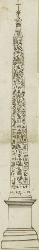 Egyptian obelisk, drawing, album page, The drawing is part of an album., Italy, c. 1550 - c. 1650, draftsman (artist), materials by function, paper, ink, pen, brush, pen in brown with brush in gray, height 520 mm x width 84 mm, obelisk, needle, A tall, narrow stone obelisk drawn in monochrome stands on a stepped rectangular base; the obelisk tapers upward and is covered on its visible faces with rows of carved pictorial symbols and small figurative shapes resembling animals, birds, seated human-like figures, and various abstract marks arranged in horizontal bands; the uppermost section narrows to a small decorative cap topped by a star-shaped element and a slender vertical rod with a simple cross at the top; the drawing shows subtle shading and thin outline lines, with some faint stains and smudges visible on the paper background.