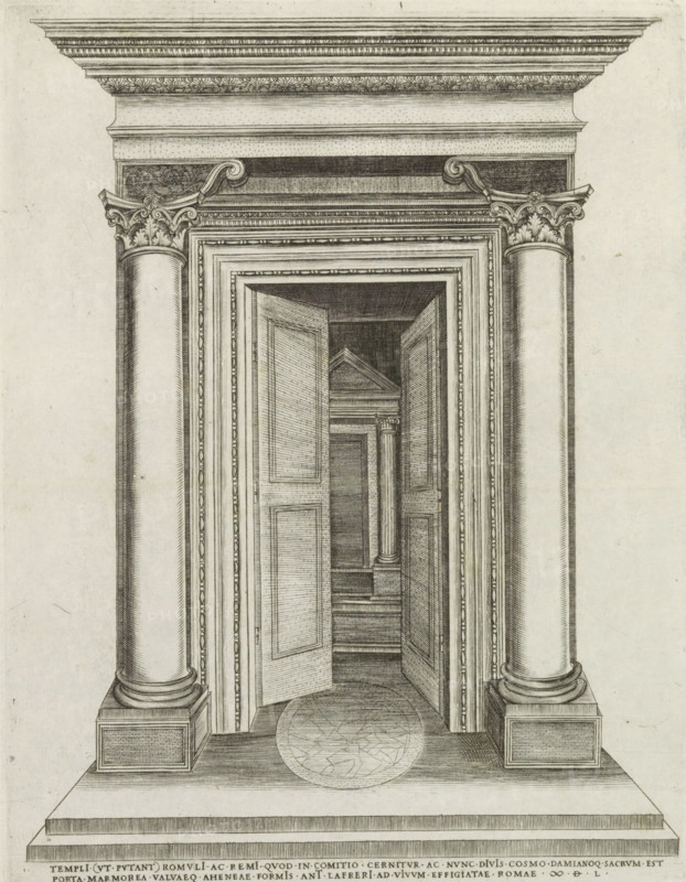 Temple of Romulus and Remus, Speculum Romanae Magnificentiae, print, album page, Caption in Latin., printmaker: attributed to Ambrogio Brambilla, Italy, publisher: Antonio Lafreri, Rome, 1550, Attributed to, paper, engraving, etching, engraving and etching, height 279 mm x width 213 mm, On the verso a light deposit of a print with a naked woman. This print belongs to the print corpus known as the 'Speculum Romanae Magnificentiae' ('Mirror of Roman Splendor'). This corpus, consisting of prints depicting artworks and buildings from ancient and modern Rome, originated with publishers Antonio Salamanca and Antonio Lafreri. These two foreign publishers joined forces in Rome between 1553 and 1563. Their prints quickly became immensely popular among tourists and collectors, who purchased them individually or in large groups. Large groups of Speculum prints were often bound together in albums upon request. Several Speculum albums have survived, all differing in content. Between 1573 and 1577, ...