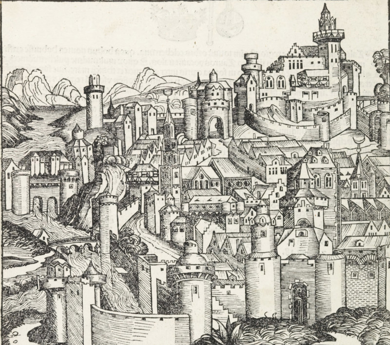 View of Pisa, Pisa, Liber Chronicarum, print, book illustration, pastedown, A view of a city. Here used as an image of the city of Pisa., printmaker: workshop of Michel Wolgemut, Nuremberg, printmaker: workshop of Wilhelm Pleydenwurff, 1493, Bavaria, paper, letterpress printing, woodcut, pastes, woodcut pasted onto album page, text in letterpress, verso with woodcut and text in letterpress, height 212 mm x width 225 mm, The woodcut is repeatedly used as a book illustration in the Liber Chronicarum (or Nuremberg Chronicle) by Hartmann Schedel, published in Latin and German in 1493. See the Latin edition, folio 45v., city-view, and landscape with man-made constructions, Tuscany, A detailed black and white ink illustration of a fortified medieval town with clustered buildings, towers, battlements, arched gateways, narrow streets, and layered rooftops, set against rolling hills and a river that winds near the town, with varied architectural features such as round and square towers, crenell...