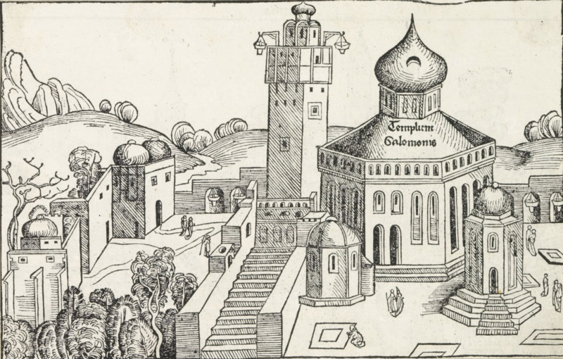 View of Jerusalem, Liber Chronicarum, print, book illustration, pastedown, View of the city of Jerusalem. On the left the Temple of Solomon., printmaker: workshop of Michel Wolgemut, Nuremberg, printmaker: workshop of Wilhelm Pleydenwurff, 1493, Bavaria, paper, letterpress printing, woodcut, woodcut pasted onto album page, verso with woodcut, height 142 mm x width 223 mm, The woodcut is repeatedly used as a book illustration in the Liber Chronicarum (or Nuremberg Chronicle) by Hartmann Schedel, published in Latin and German in 1493. See the Latin edition, folio 48r., city-view, and landscape with man-made constructions, Jerusalem, A black and white line drawing of a walled architectural complex on a hilly landscape showing various buildings with domes, towers, stairways, archways, and terraces, with stylized trees on the surrounding hills; one prominent building has a large rounded onion-shaped dome atop a square base with rectangular and arched windows, nearby is a tall narrow tower w...