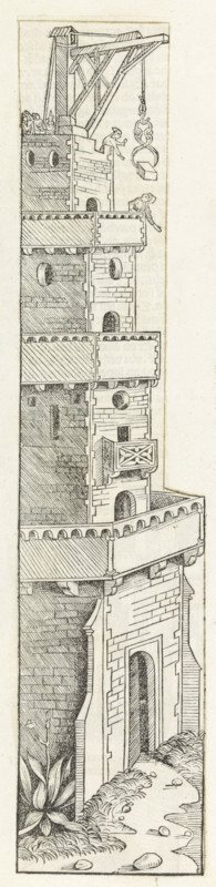 Construction of the Tower of Babel, Liber Chronicarum, print, album page, book illustration, The Tower of Babel under construction. Two men guide a building block being hoisted up with the aid of a crane., printmaker: workshop of Michel Wolgemut, Nuremberg, printmaker: workshop of Wilhelm Pleydenwurff, 1493, Bavaria, paper, letterpress printing, woodcut, pastes, woodcut pasted onto album page, verso with text in letterpress, height 358 mm x width 79 mm, The woodcut is used as a book illustration in the Liber Chronicarum (or Nuremberg Chronicle) by Hartmann Schedel, published in Latin and German in 1493. See folio 17v., the building of the Tower of Babel, Nimrod may be present, supervising or assisting the construction, A tall stone tower with multiple crenellated balconies rises from a rocky, plant-strewn base; the tower shows layered masonry with arched doorways and circular windows, an external wooden crane structure near the top holding a hooked pulley and a suspended round object, ...
