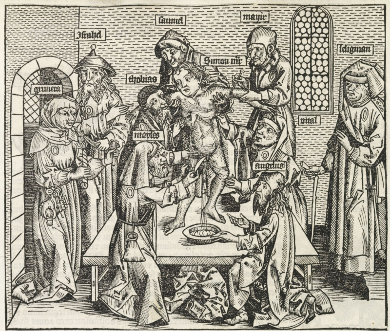 Murder of Simon of Trent, Liber Chronicarum, print, album page, book illustration, The ritual murder of the child Simon of Trent. The image is part of the Liber Chronicarum. The text of this book describes how Simon was killed by a group of Jews because of his Christian blood. The boy stands on a table and is surrounded by Gruneta, Israel, Samuel, Mayir (Meyer), Seligman, Tobias, Moses, and Angelus. Moses cuts off the boy's genitals. Others cut him in his chest and arm to collect his blood., printmaker: workshop of Michel Wolgemut, Nuremberg, printmaker: workshop of Wilhelm Pleydenwurff, 1493, Michel Wolgemut, Wilhelm Pleydenwurff, printmaker, Bavaria, paper, letterpress printing, woodcut, pastes, woodcut pasted onto album page, verso with woodcut and text in letterpress, height 194 mm x width 227 mm, The woodcut is used as a book illustration in the Liber Chronicarum (or Nuremberg Chronicle) by Hartmann Schedel, published in Latin and German in 1493. See the German and Latin edition, ...