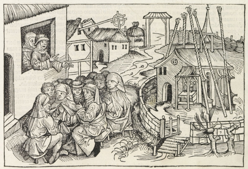 Hans Bohm of Niklashausen preaching, Liber Chronicarum, print, album page, book illustration, In a village, a group of people are listening to a man in a window frame. On the right, a church or chapel. The image is taken from the Liber Chronicarum. The text of this book identifies the man as Hans Bohm of Niklashausen. This man preached about the shameful life of the clergy and called upon people not to pay taxes and tolls., printmaker: workshop of Michel Wolgemut, Nuremberg, printmaker: workshop of Wilhelm Pleydenwurff, 1493, Bavaria, paper, letterpress printing, woodcut, pastes, woodcut pasted onto album page, verso with woodcut and text in letterpress, height 154 mm x width 225 mm, The woodcut is used as a book illustration in the Liber Chronicarum (or Nuremberg Chronicle) by Hartmann Schedel, published in Latin and German in 1493. See the German and Latin edition, folio 255r., church (exterior) - QQ - small church, chapel, preaching (in general), A black and white woodcut scene show...