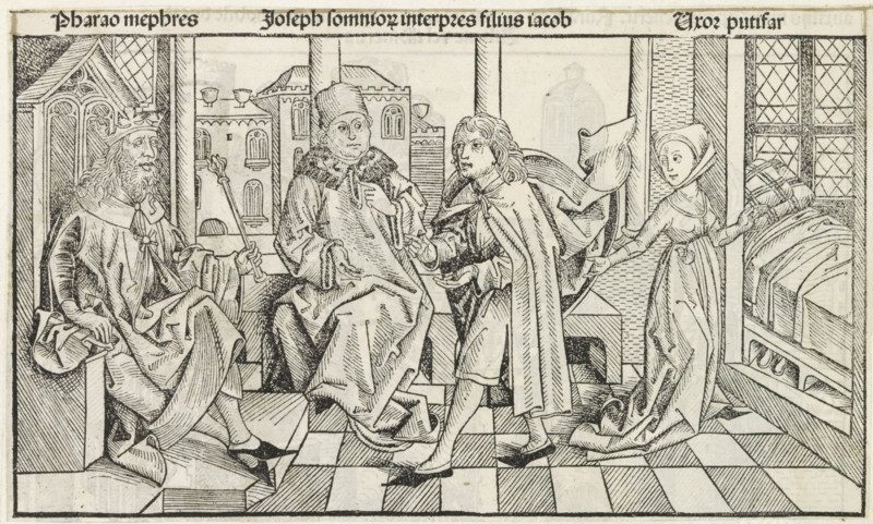 Joseph explains the Pharaoh's dreams, Liber Chronicarum, print, album page, book illustration, Joseph stands before the Pharaoh, seated on his throne, and explains his dreams to him. On the right, Potiphar's wife tries to seduce Joseph. She takes him by his cloak and pulls him to her bed., printmaker: workshop of Michel Wolgemut, Nuremberg, printmaker: workshop of Wilhelm Pleydenwurff, 1493, Bavaria, paper, letterpress printing, woodcut, pastes, woodcut pasted onto album page, text in letterpress, height 137 mm x width 228 mm, The woodcut is used as a book illustration in the Liber Chronicarum (or Nuremberg Chronicle) by Hartmann Schedel, published in Latin and German in 1493. See the Latin edition, folio 27r., Potiphar's wife trying to seduce Joseph, Joseph interpreting Pharaoh's dreams, A black and white woodcut scene shows several figures in a tiled interior with tall windows and patterned walls. On the left a seated older man wears a crown and flowing robes, his hair and beard long...
