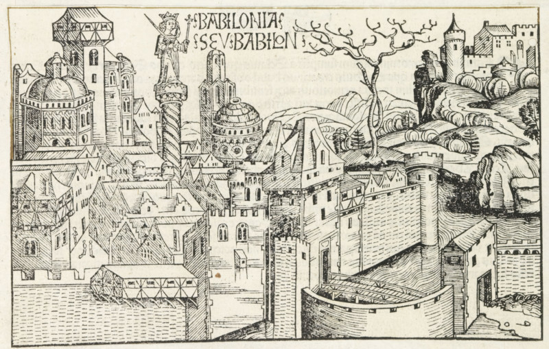 Babilonia Seu Babilon, View of Babylon, Liber Chronicarum, print, album page, book illustration, A view of the city of Babylon with Queen Semiramis on a column., printmaker: workshop of Michel Wolgemut, Nuremberg, printmaker: workshop of Wilhelm Pleydenwurff, 1493, Bavaria, paper, letterpress printing, woodcut, pastes, woodcut pasted onto album page, verso with text in letterpress, height 140 mm x width 222 mm, The woodcut is used as a book illustration in the Liber Chronicarum (or Nuremberg Chronicle) by Hartmann Schedel, published in Latin and German in 1493. See the Latin edition, folio 24v., city-view, and landscape with man-made constructions, Babylon, A detailed black-and-white woodcut view of a walled city with towers, domed and pitched roofs, and clustered buildings filling the scene; a tall twisted column topped by a crowned figure holding a sword rises above the rooftops; rounded and square towers project from the defensive walls and battlements; a domed structure with decora...