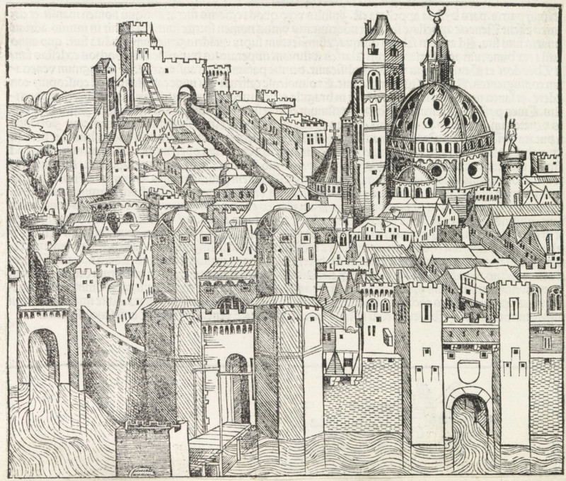 View of a city, Liber Chronicarum, print, album page, book illustration, A view of a city., printmaker: workshop of Michel Wolgemut, Nuremberg, printmaker: workshop of Wilhelm Pleydenwurff, 1493, Bavaria, paper, letterpress printing, woodcut, pastes, woodcut pasted onto album page, verso with text in letterpress, height 190 mm x width 225 mm, The woodcut is repeatedly used as a book illustration in the Liber Chronicarum (or Nuremberg Chronicle) by Hartmann Schedel, published in Latin and German in 1493. See the Latin edition, folio 23r, 44v, 61r, 110v and 194v., city-view, and landscape with man-made constructions, A detailed black and white line drawing of a densely built fortified city with many towers, domes, and battlements seen from above, showing walls and gates along a flowing river, narrow clustered roofs and chimneys, arched bridges and gatehouses, a large domed building with circular openings and a tall multi-story tower beside it, slender spires and a column topped by a huma...