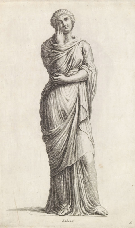 Sculpture of Sabina, Sabina, print, album page, Series number, 1, 12, Classical sculpture of a young woman in a stole with her left arm around her waist and her right hand at her eye. Bottom right: A., with a series of prints after the sculptures in the collection of Gerard Reynst., number: '34', printmaker: Hubert Quellinus, Antwerp, printmaker: Gerard de Lairesse, 1646 - 1670, paper, engraving, gravure, height 325 mm x width 202 mm, piece of sculpture, reproduction of a piece of sculpture, A tall, full-body engraving of a standing female figure draped in layered robes, with one arm crossed at the waist and the other hand touching her cheek, visible coiled hair, a serene facial expression, detailed folds and shading in the fabric, bare feet peeking from beneath the hem, a plain textured background, and a small printed word centered below the figure.