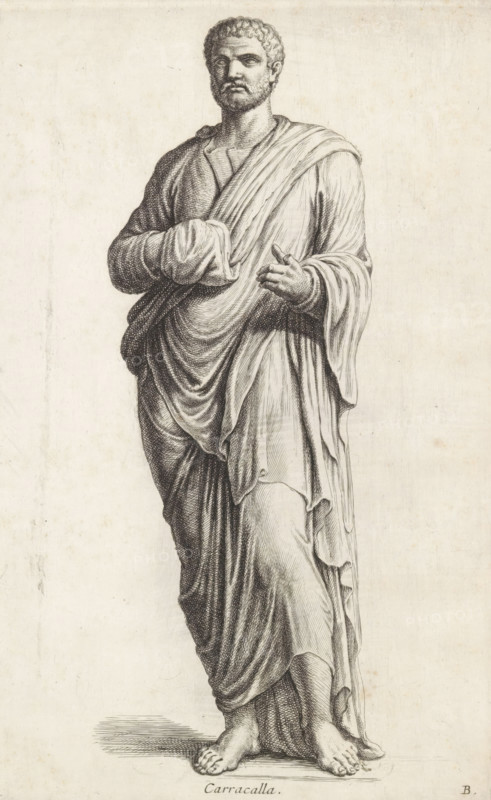 Sculpture of Emperor Caracalla, Carracalla, print, album page, Series number, 2, 12, Classical sculpture of a man in a toga. The index finger is missing from his left hand. Bottom right: B., with a series of prints after the sculptures in the collection of Gerard Reynst., number: '34', inscription: 'Vide lib. No. 19 fol. 22', printmaker: Hubert Quellinus, Antwerp, printmaker: Gerard de Lairesse, 1646 - 1670, paper, engraving, gravure, height 320 mm x width 201 mm, Person, Caracalla (Emperor of the Roman Empire), piece of sculpture, reproduction of a piece of sculpture, A detailed monochrome drawing of a standing male figure draped in layered flowing robes, shown from head to feet, with curly hair and a short beard, a serious facial expression, one arm bent and holding a fold of fabric while the other hand is extended with fingers slightly apart, visible bare feet positioned on a shaded ground, intricate crosshatching and line work creating folds and shadows in the clothing and shading ...
