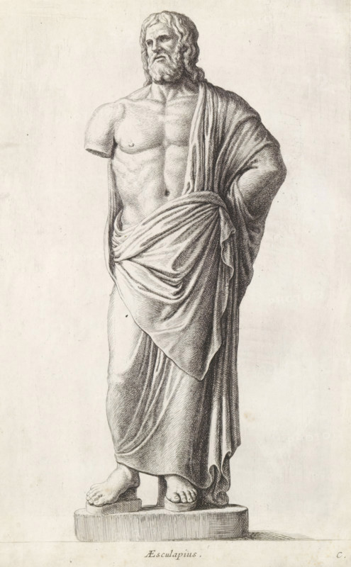 Aesculapius, Sculpture of Asklepios, print, album page, Series number 3, 12, Classical sculpture of a bearded man. The right arm of the sculpture is missing. His left hand is on his hip. Bottom right: C., with a series of prints after the sculptures in the collection of Gerard Reynst., number: '35', inscription: 'Vide lib. No. 10 fol. 63 et lib. No. 4 fol. 105 et 106', printmaker: Hubert Quellinus, Antwerp, printmaker: Gerard de Lairesse, 1646 - 1670, paper, engraving, height 325 mm x width 201 mm, piece of sculpture, reproduction of a piece of sculpture, (story of) Aesculapius (Asclepius), A monochrome drawing of a standing male statue shown from head to feet, featuring a bearded face with wavy hair, a muscular bare torso with one arm missing at the shoulder, and a draped cloth wrapped around the lower body and over one shoulder, creating detailed folds; the figure stands on a rectangular plinth with both feet visible, one foot slightly forward, and the overall image has a plain light...