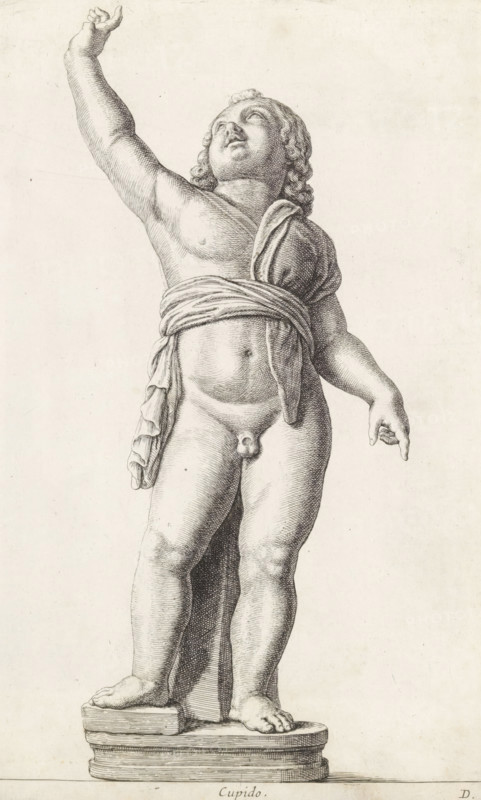 Sculpture of Amor, Cupid, print, album page, Series number, 4, 12, Classical sculpture of a boy with curly hair and a cloth tied around his waist. He is looking upwards and has his right hand in the air. Bottom right: D., with a series of prints after the sculptures in the collection of Gerard Reynst., inscription: 'Vide lib. No. 4 ... fol. 22 ... ad fol. 283 et ....', number: '35', printmaker: Hubert Quellinus, Antwerp, printmaker: Gerard de Lairesse, 1646 - 1670, paper, engraving, height 325 mm x width 200 mm, piece of sculpture, reproduction of a piece of sculpture, (story of) Cupid, Amor (Eros), A monochrome engraving of a nude childlike figure standing on a plinth with one arm raised and the other arm lowered, the raised hand reaching upward with fingers slightly curled and the lowered hand pointing outward, the figure gazing upward with curly hair framing the face, a draped cloth wrapped around the torso and knotted at the waist with folds hanging at the side, detailed shading an...
