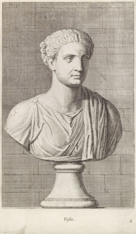 Vesta, Bust of the goddess Vesta, print, album page, Series number, 5, 12, Classical bust of a woman in a tunic. Bottom right: E., with a series of prints after the sculptures in the collection of Gerard Reynst., number: '36', printmaker: Hubert Quellinus, Antwerp, printmaker: Gerard de Lairesse, 1646 - 1670, paper, engraving, height 328 mm x width 196 mm, piece of sculpture, reproduction of a piece of sculpture, (story of) Vesta (Hestia), A monochrome engraving of a classical stone bust on a fluted pedestal set against a grid-like textured background, showing a head and shoulders of a person with short, wavy hair pulled back, a smooth forehead, straight nose, and closed lips with a neutral expression; the figure wears a draped garment fastened at one shoulder with a round clasp and detailed folds of fabric across the chest, and the bust rests on a rounded base with subtle shading and carved edges.