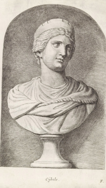 Bust of the goddess Cybele, Cijbele, print, album page, Series number, 6, 12, Classical bust of a woman with mural crown. Bottom right: F., with a series of prints after the sculptures in the collection of Gerard Reynst., number: '36', printmaker: Hubert Quellinus, Antwerp, printmaker: Gerard de Lairesse, 1646 - 1670, paper, engraving, height 325 mm x width 194 mm, piece of sculpture, reproduction of a piece of sculpture, (story of) Cybele, Rhea Cybele, Great Mother of the Gods (Berecynt(h)ia), A monochrome engraved bust of a person shown from the chest up, wearing a draped garment gathered at one shoulder and wrapped across the chest, with a smooth, rounded pedestal base beneath; the figure has wavy hair pulled back under a simple, band-like headdress, a calm facial expression with eyes looking slightly to one side, and finely hatched shading creating contours and depth against a dark, crosshatched oval background.