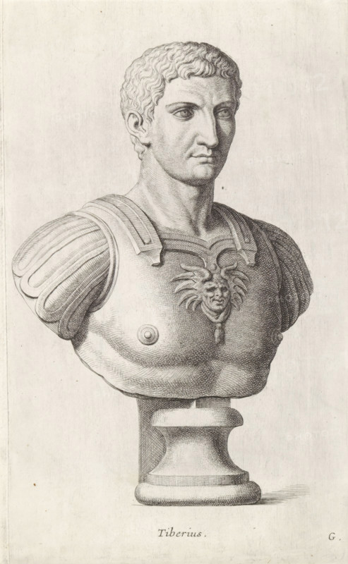 Tiberius, Bust of Emperor Tiberius, print, album page, Series number, 7, 12, Bust of a young man with breastplate. Bottom right: G., with a series of prints after the sculptures in the collection of Gerard Reynst., number: '37', inscription: 'Vide lib. No. 19 fol. 3', printmaker: Hubert Quellinus, Antwerp, printmaker: Gerard de Lairesse, 1646 - 1670, paper, engraving, gravure, height 325 mm x width 194 mm, Person, piece of sculpture, reproduction of a piece of sculpture, A monochrome engraved bust of a man shown from the chest up on a pedestal, featuring short curly hair, a straight nose, and a neutral expression with eyes looking slightly to the side; he wears a decorated cuirass with rounded embossed shoulder pieces and a central ornamental motif resembling a stylized face with radiating elements, and the pedestal beneath the bust has a rounded, tiered form.