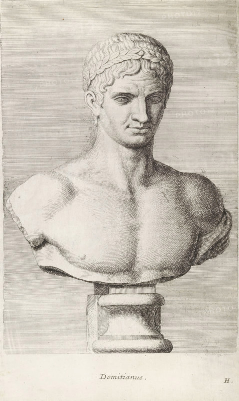Domitian, Bust of Emperor Domitian, print, album page, Series number, 8, 12, Classical bust of a young man with a bare torso and a laurel wreath around his head. Bottom right: H., with a series of prints after the sculptures in the collection of Gerard Reynst., number: '37', inscription: 'Vide lib. No. 19 fol. 12', printmaker: Hubert Quellinus, Antwerp, printmaker: Gerard de Lairesse, 1646 - 1670, paper, engraving, gravure, height 325 mm x width 194 mm, Person, piece of sculpture, reproduction of a piece of sculpture, A detailed monochrome engraving of a classical marble bust mounted on a square pedestal, showing a male figure from the shoulders up with a laurel wreath on his head and short wavy hair; the face has a neutral expression with defined brows, deep-set eyes, a straight nose, and closed lips, while the neck and upper chest display subtle muscular shading and carved contours, and the background consists of closely spaced horizontal lines.