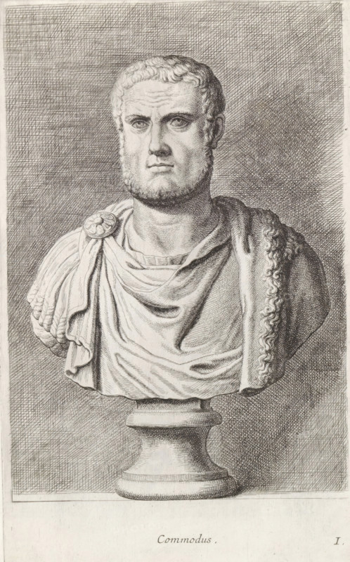 Bust of Emperor Commodus, Commodus, print, album page, Series number, 9, 12, Classical bust of a middle-aged bearded man. Bottom right: I., with a series of prints after the sculptures in the collection of Gerard Reynst., number: '38', inscription: 'Vide lib. No. 2 fol. 18, Vide lib. No. 19 fol. 18 et lib. No 13 fol. 179 sub littera H.`', printmaker: Hubert Quellinus, Antwerp, printmaker: Gerard de Lairesse, 1646 - 1670, paper, engraving, height 325 mm x width 195 mm, Person, piece of sculpture, reproduction of a piece of sculpture, A detailed engraving of a classical male bust on a pedestal, showing a man with short curly hair and a trimmed beard, a solemn facial expression, and prominent eyes; he wears a draped garment fastened at one shoulder with a circular decorative clasp and a patterned border along the other shoulder, with finely hatched shading filling the background and defined lines rendering the folds of the fabric and the rounded base beneath the bust.