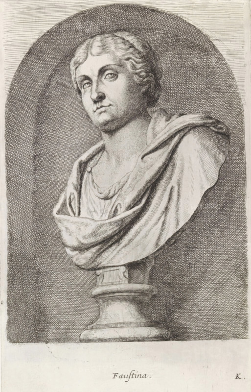 Bust of Faustina the Younger, Faustina, print, album page, Series number, 10, 12, Classical bust of a middle-aged woman, dressed in a tunic and stole. Bottom right: K., with a series of prints after the sculptures in the collection of Gerard Reynst., number: '38', printmaker: Hubert Quellinus, Antwerp, printmaker: Gerard de Lairesse, 1646 - 1670, paper, engraving, gravure, height 325 mm x width 194 mm, Person, Faustina the Younger, piece of sculpture, reproduction of a piece of sculpture, queen, empress, etc. (wife of a ruler), A detailed black and white etching of a classical bust shows a person with wavy hair pulled back and a serene facial expression, eyes looking slightly upward and to the side, a straight nose, and closed lips. The bust is draped in a softly folded garment fastened at one shoulder and gathered across the chest, with textured shading to indicate fabric folds. The sculpture sits on a round pedestal with carved molding, and the background features a textured oval hal...