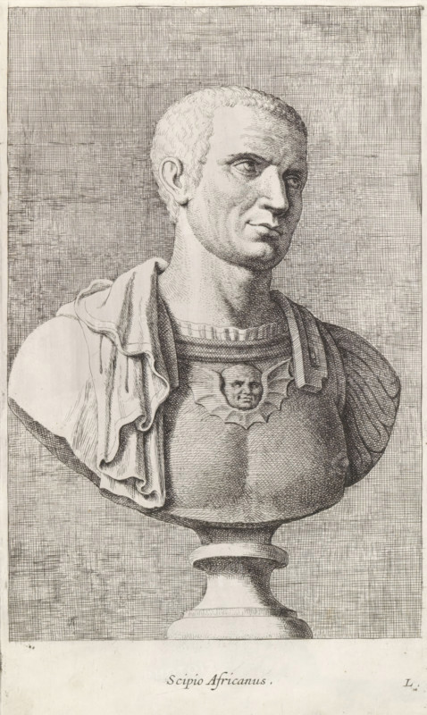 Bust of Scipio Africanus major, Scipio Africanus, print, album page, Series number, 11, 12, Classical bust of a Roman general in breastplate. Bottom right: L., with a series of prints after the sculptures in the collection of Gerard Reynst., number: '39', printmaker: Hubert Quellinus, Antwerp, printmaker: Gerard de Lairesse, 1646 - 1670, paper, engraving, height 325 mm x width 193 mm, Person, Publius Cornelius Scipio Africanus Maior, piece of sculpture, reproduction of a piece of sculpture, A detailed engraving of a classical bust on a pedestal showing a man with short curly hair and a solemn expression turned slightly to his right, wearing draped fabric over one shoulder and a decorated cuirass with a small sculpted face at the center, rendered with fine crosshatching against a densely hatched rectangular background.