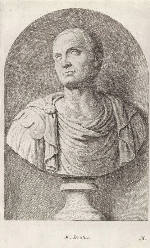 M. Brutus, Bust of Marcus Junius Brutus, print, album page, Series number, 12, Classical bust of a young man. Bottom right: M., with a series of prints after the sculptures in the collection of Gerard Reynst., number: '39', printmaker: Hubert Quellinus, Antwerp, printmaker: Gerard de Lairesse, 1646 - 1670, paper, engraving, height 320 mm x width 192 mm, Person, Marcus Junius Brutus, piece of sculpture, reproduction of a piece of sculpture, A monochrome engraved bust of a man displayed on a rounded background, showing his head turned slightly upward and to the side with short hair and a solemn expression, wearing draped clothing fastened at one shoulder with a round clasp and resting on a textured pedestal.