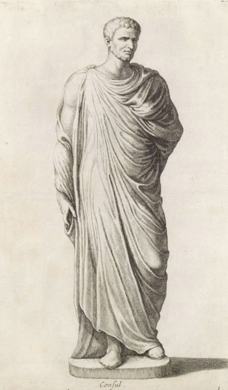 Sculpture of a consul, Consul, print, album page, Series number, 1, 98, Classical sculpture of a standing man dressed in a himation., with a series of prints after the sculptures in the collection of Gerard Reynst., inscription: 'Vide lib. No. 4 fol. 99., lib. No 20 fol. 63. 66., lib. No. 4... fol. 108 .... ad fol. 114', number: '40', printmaker: Hubert Quellinus, Antwerp, printmaker: Gerard de Lairesse, 1646 - 1670, paper, engraving, height 327 mm x width 199 mm, piece of sculpture, reproduction of a piece of sculpture, A tall carved statue of a standing male figure wearing a long flowing draped garment that covers one shoulder and wraps around the body, with finely etched folds and shading; the figure has short curly hair, a trimmed beard, and a contemplative facial expression looking slightly to the side, with one arm partially visible beneath the drapery and the other hand resting near the side, standing with feet on a round plinth casting a shadow on the surface beneath.