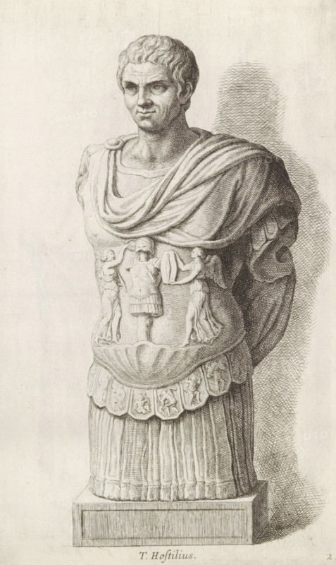 T. Hostilius, Sculpture of Tullus Hostilius, print, album page, Series number, 2, 98, Classical sculpture of a Roman soldier in armor. On his armor are the personifications of Victory with armor. The woman on the left holds a laurel wreath, the one on the right a shield with a scepter. At the bottom of the cuirass possibly depictions of the deeds of Hercules., with a series of prints after the sculptures in the collection of Gerard Reynst., number: '40', printmaker: Hubert Quellinus, Antwerp, printmaker: Gerard de Lairesse, 1646 - 1670, paper, engraving, gravure, height 325 mm x width 196 mm, piece of sculpture, reproduction of a piece of sculpture, Tullus Hostilius - portrait of person from classical history, A detailed etching of a classical bust on a rectangular plinth shows a male figure from head to mid-thigh wearing a draped cloak pinned at one shoulder and a decorated cuirass; the face has short wavy hair, defined brows, a straight nose, and a neutral expression; the cloak falls...