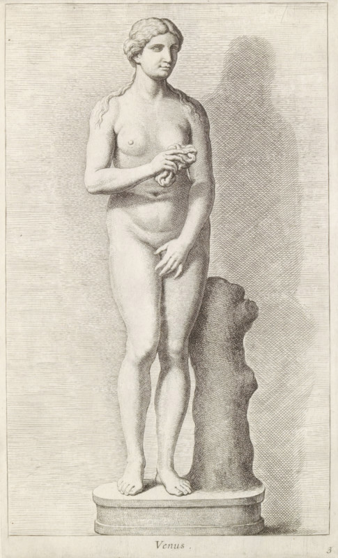 Venus, Sculpture of the Chaste Venus, print, album page, Series number, 3, 98, Classical sculpture of Venus. She covers her breasts and pubic area with her hands., with a series of prints after the sculptures in the collection of Gerard Reynst., number: '41', inscription: 'Vide lib. No. 4 ...', printmaker: Hubert Quellinus, Antwerp, printmaker: Gerard de Lairesse, 1646 - 1670, paper, engraving, gravure, height 325 mm x width 195 mm, piece of sculpture, reproduction of a piece of sculpture, (story of) Venus (Aphrodite), A monochrome engraving shows a nude female statue standing on an oval plinth, depicted full length from head to feet. The figure faces slightly to the side with hair pulled back and wavy locks falling over the shoulders. One hand holds a small cloth or drapery near the chest while the other hand rests lower near the pelvis. The body displays classical proportions with visible musculature and subtle shading to indicate form. A rough vertical support stands beside the figu...