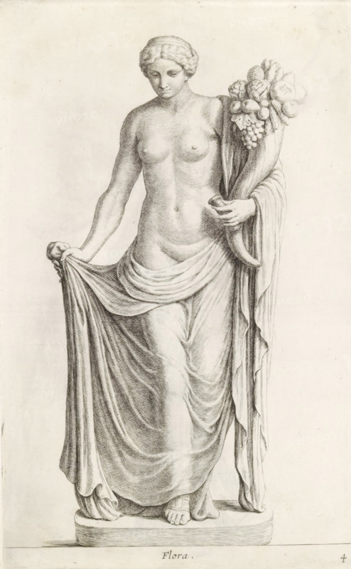 Sculpture of Flora, Flora, print, album page, Series number, 4, 98, Classical sculpture of a woman, the personification of Flora (or Fortuna). With her right hand she holds her dress. In her left hand she holds, among other things, a horn of plenty., with a series of prints after the sculptures in the collection of Gerard Reynst., number: '41', inscription: 'Vide lib. No. 10 fol. 60, 62, 86', printmaker: Hubert Quellinus, Antwerp, printmaker: Gerard de Lairesse, 1646 - 1670, paper, engraving, gravure, height 325 mm x width 201 mm, piece of sculpture, reproduction of a piece of sculpture, (story of) Flora, A monochrome drawing of a standing female figure on a low plinth, shown in a classical pose with a draped cloth around her lower body and one hand holding the edge of the cloth, while the other arm supports a large horn-shaped cornucopia filled with rounded fruits and flowers; the figure is partially nude from the waist up, with detailed cross-hatched shading defining the musculature ...