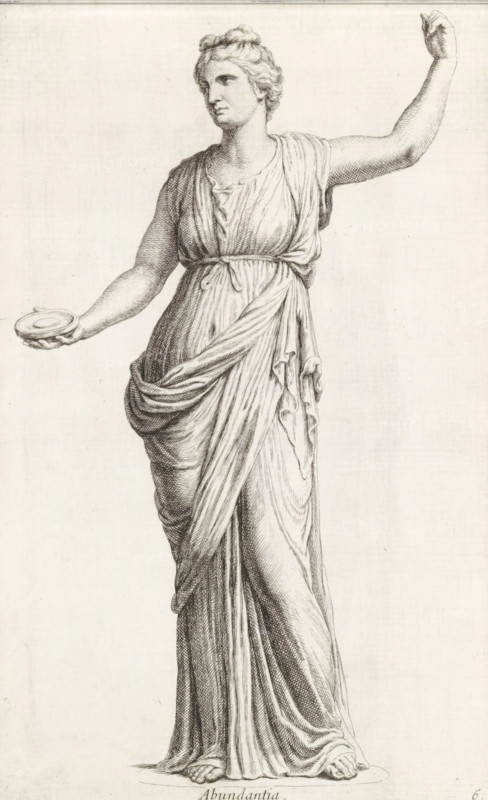 Sculpture of Abundance, Abundantia, print, album page, Series number, 6, 98, Classical sculpture of the personification of Abundance. She has her left arm in the air and in her right hand she holds a dish., with a series of prints after the sculptures in the collection of Gerard Reynst., number: '42', inscription: 'Vide lib. No 4. fol. 18, 19', printmaker: Hubert Quellinus, Antwerp, printmaker: Gerard de Lairesse, 1646 - 1670, paper, engraving, height 330 mm x width 203 mm, piece of sculpture, reproduction of a piece of sculpture, Abundance, 'Abondanza', 'Abondanza maritima' (Ripa), A grayscale engraving of a full-length classical female figure wearing a long, draped gown with detailed folds and a tied belt around the waist, standing with one arm extended outward holding a shallow dish and the other arm raised, with short wavy hair, bare feet visible at the hem of the robe, and fine line shading emphasizing the contours of the body and fabric against a plain background.