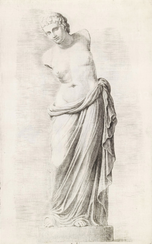 Julia, Sculpture of Julia, print, album page, Series number, 8, 98, Classical sculpture of a standing woman with a draped skirt, without arms., with a series of prints after the sculptures in the collection of Gerard Reynst., number: '43', printmaker: Hubert Quellinus, Antwerp, printmaker: Gerard de Lairesse, 1646 - 1670, paper, engraving, gravure, height 330 mm x width 201 mm, piece of sculpture, reproduction of a piece of sculpture, A detailed pencil or ink drawing of a classical female statue shown from head to feet standing on a rectangular plinth, depicted with a tilted head and short curled hair, bare torso with missing arms, a draped cloth wrapped around the hips and falling in folds to the feet, visible toes peeking from beneath the fabric, and finely hatched shading used to model the figure and background.