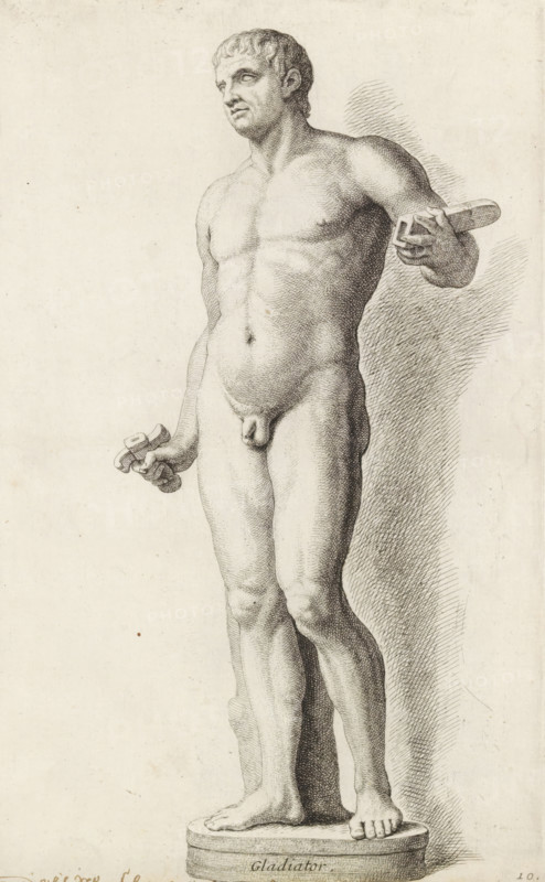 Sculpture of a gladiator, Gladiator, print, album page, Series number, 10, 98, Classical sculpture of a naked man holding the handle and scabbard of a sword in his hands., with a series of prints after the sculptures in the collection of Gerard Reynst., inscription: 'Vide lib. No. 10 fol. 53, 60 et lib. No 14 fol. 62, 63', number: '44', printmaker: Hubert Quellinus, Antwerp, printmaker: Gerard de Lairesse, 1646 - 1670, paper, engraving, gravure, height 330 mm x width 202 mm, piece of sculpture, reproduction of a piece of sculpture, A detailed ink drawing of a nude male statue standing on a circular base, shown in a three-quarter view; the figure has short curly hair and a calm facial expression, with defined chest and abdominal muscles, one arm extended holding a flat, rectangular object and the other hand holding a small curved item, the body rendered with fine cross-hatching and stippling to show form and shadow, the legs straight with visible musculature and toes resting on the base...