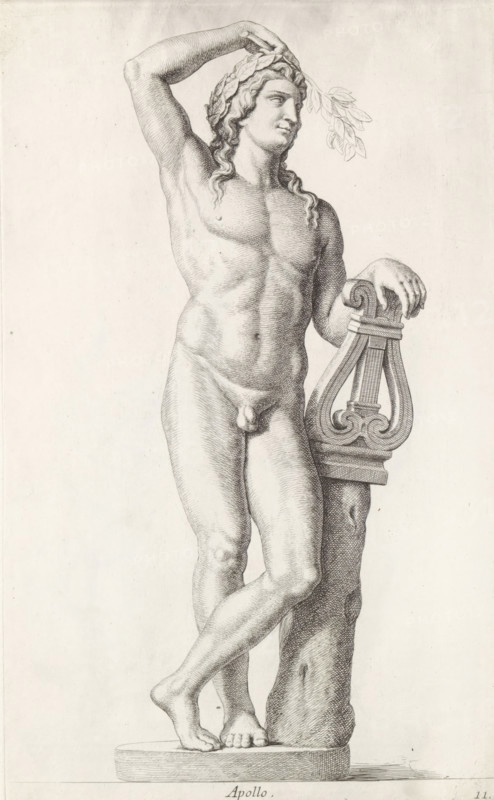 Apollo, Sculpture of Apollo, print, album page, Series number, 11, 98, Classical sculpture of Apollo leaning on his lyre. On his head a laurel wreath and in his left hand a laurel branch., with a series of prints after the sculptures in the collection of Gerard Reynst., inscription: 'Vide lib. No. 1. fol. 16, 54. Vide lib. No 4de fol. 50 ....', number: '45', printmaker: Hubert Quellinus, Antwerp, printmaker: Gerard de Lairesse, 1646 - 1670, paper, engraving, height 325 mm x width 200 mm, piece of sculpture, reproduction of a piece of sculpture, (story of) Apollo (Phoebus), A detailed grayscale drawing of a standing nude male figure with long wavy hair wearing a laurel wreath, one arm raised to touch the wreath and the other resting on a carved lyre-shaped support that is attached to a textured vertical column, the figure showing defined musculature and a relaxed contrapposto stance with crossed legs and feet on an oval plinth, the entire scene rendered with fine line shading on a plain...