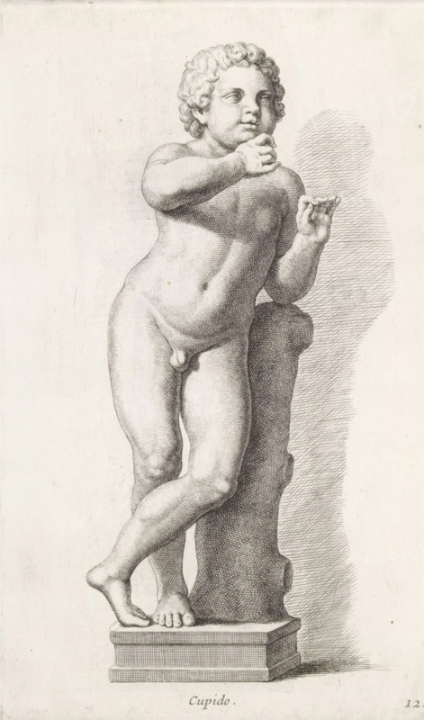 Sculpture of Amor, Cupid, print, album page, Series number, 12, 98, Classical sculpture of a boy leaning on a tree stump., with a series of prints after the sculptures in the collection of Gerard Reynst., number: '45', inscription: 'Vide lib. No. 4de fol. 22 ...', printmaker: Hubert Quellinus, Antwerp, printmaker: Gerard de Lairesse, 1646 - 1670, paper, engraving, gravure, height 325 mm x width 194 mm, piece of sculpture, reproduction of a piece of sculpture, (story of) Cupid, Amor (Eros), A detailed black and white engraving of a nude childlike figure standing on a rectangular plinth, leaning with one hip against a rough vertical support. The figure has curly hair and a rounded face turned slightly to the side, with one arm raised so the hand touches the chin and the other hand extended outward with fingers slightly curled. The torso and limbs show fine crosshatching and shading to indicate musculature and form. One leg is crossed in front of the other, the feet positioned on the plin...