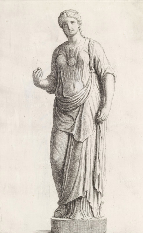 Sculpture of a standing woman, print, album page, Series number, 14, 98, Classical sculpture of a standing woman in a draped dress. On her chest a child's head., with a series of prints after the sculptures in the collection of Gerard Reynst., number: '46', printmaker: Hubert Quellinus, Antwerp, printmaker: Gerard de Lairesse, 1646 - 1670, Hubert Quellinus, Gerard de Lairesse, printmaker, paper, engraving, gravure, height 330 mm x width 201 mm, piece of sculpture, reproduction of a piece of sculpture, standing figure - AA - female human figure, A monochrome engraved depiction of a full-length classical female figure standing on a round pedestal, wearing draped garments with detailed folds and a brooch at the chest, with one arm bent and hand raised holding a small rounded object and the other arm relaxed at the side with fingers slightly curled, her hair styled and pulled back, facial features rendered with soft shading, and the background left plain and unadorned.