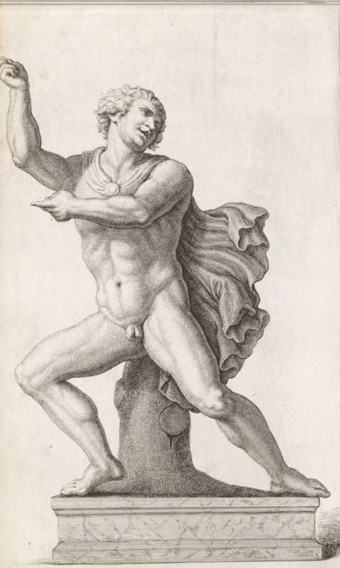 Sculpture of a naked man with a travel cloak, print, album page, Series number, 15, 98, Classical sculpture of a naked man with a chlamys, a short travel cloak., with a series of prints after the sculptures in the collection of Gerard Reynst., number: '47', printmaker: Hubert Quellinus, Antwerp, printmaker: Gerard de Lairesse, 1646 - 1670, paper, engraving, gravure, height 325 mm x width 196 mm, piece of sculpture, reproduction of a piece of sculpture, male sex, man, A detailed engraved depiction of a muscular, nude male figure posed on a stepped rectangular base, shown in three-quarter view with one arm raised and the other bent across his chest, his head turned to the side and hair rendered in curled waves; a draped cloak flows from one shoulder and billows behind him with layered folds and textured shading; the torso, limbs, and facial features are defined by fine crosshatching and stippling, and the feet rest on the base beside a short plinth or stump that supports the figure; the ...