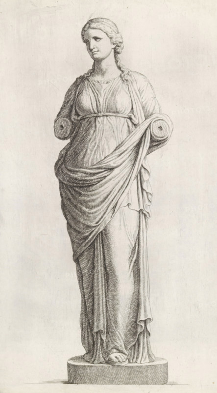Sculpture of a woman in a tunic, print, album page, Series number, 18, 98, Classical sculpture of a standing woman. She is wearing a tunic. Both her forearms are missing., with a series of prints after the sculptures in the collection of Gerard Reynst., number: '48', printmaker: Hubert Quellinus, Antwerp, printmaker: Gerard de Lairesse, 1646 - 1670, paper, engraving, gravure, height 330 mm x width 203 mm, piece of sculpture, reproduction of a piece of sculpture, standing figure - AA - female human figure, A monochrome drawing of a full-length female statue on a round plinth, shown frontally and occupying the center of the image, with a calm facial expression and braided hair pulled back; the figure wears a draped garment with detailed folds and a sash tied under the bust, one arm partially covered by the drapery and ending in a rounded stump, the other arm similarly ending in a circular stump while a large swath of fabric is held across the front; the robe falls to the feet which rest ...