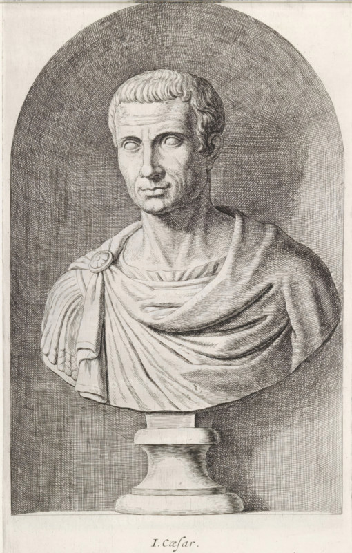 Bust of Julius Caesar, J. Caesar, print, album page, Series number, 20, 98, Classical bust of a man., with a series of prints after the sculptures in the collection of Gerard Reynst., inscription: 'Vide lib. No. 4th fol. 96.lib. No. 10 fol. 55, 63, 77...', number: '49', printmaker: Hubert Quellinus, Antwerp, printmaker: Gerard de Lairesse, 1646 - 1670, paper, engraving, height 325 mm x width 195 mm, Person, Julius Caesar, piece of sculpture, reproduction of a piece of sculpture, A monochrome drawing of a classical marble bust displayed on a pedestal, showing a male figure from the chest up with short, wavy hair and a composed facial expression; the eyes are blank and unshaded, the nose is straight, and the lips are closed. The figure wears draped garments fastened at one shoulder with a circular clasp, and the fabric shows detailed folds and texture. The bust sits against a textured oval background created with fine crosshatching, and the pedestal beneath has a rounded base and square ...