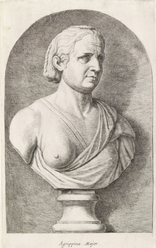 Bust of Agrippina the Elder, Agrippina Major, print, album page, Series number, 21, 98, Classical bust of a woman with an exposed breast., with a series of prints after the sculptures in the collection of Gerard Reynst., number: '50', printmaker: Hubert Quellinus, Antwerp, printmaker: Gerard de Lairesse, 1646 - 1670, paper, engraving, gravure, height 325 mm x width 195 mm, Person, Agrippina the Elder, piece of sculpture, reproduction of a piece of sculpture, A finely detailed black and white engraving of a classical bust set within a rounded niche, showing a torso and head angled slightly to the viewer's right with short wavy hair pulled back and a composed facial expression, draped cloth across the shoulders and chest revealing one breast, the figure mounted on a column-like pedestal with carved molding, and the background filled with closely hatched lines creating tonal shading.