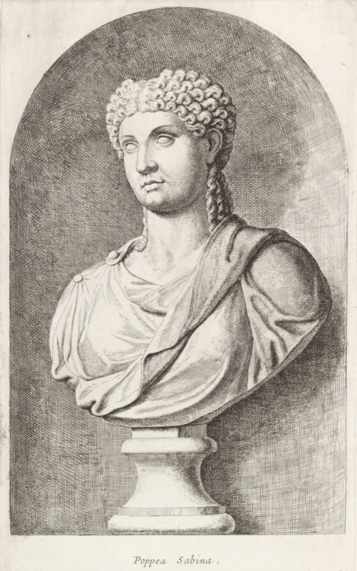 Poppea Sabina, Bust of Poppaea Sabina, print, album page, Series number, 22, 98, Classical bust of a woman with curly hair. She wears a tunic and stole., with a series of prints after the sculptures in the collection of Gerard Reynst., number: '50', printmaker: Hubert Quellinus, Antwerp, printmaker: Gerard de Lairesse, 1646 - 1670, paper, engraving, gravure, height 325 mm x width 195 mm, Person, Poppaea Sabina, piece of sculpture, reproduction of a piece of sculpture, A detailed black and white engraving of a classical marble bust set against a shaded oval background, showing a head and shoulders on a pedestal. The figure has curly hair styled in tight waves and a long braided section falling over one shoulder, blank eyes, and a calm expression with slightly parted lips. Draped clothing with folds and a cloak fastened at one shoulder covers the torso, and the bust rests on a rounded pedestal with a flared base. Fine cross-hatching and line work create shading and texture throughout the...