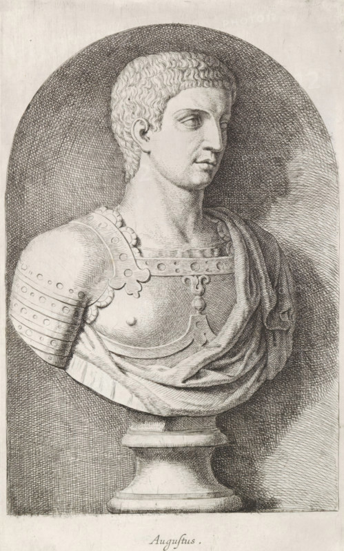 Augustus, Bust of Emperor Augustus, print, album page, Series number, 23, 98, Classical bust of a man in armor., with a series of prints after the sculptures in the collection of Gerard Reynst., inscription: 'Vide lib. No. 4de fol. 97. lib. No. 10 fol. 56 lib No. 19 fol. 2', number: '51', printmaker: Hubert Quellinus, Antwerp, printmaker: Gerard de Lairesse, 1646 - 1670, paper, engraving, gravure, height 325 mm x width 195 mm, Person, piece of sculpture, reproduction of a piece of sculpture, A monochrome engraving of a classical bust depicting a young man in profile with short, wavy hair and a calm expression, shown from the chest upward on a pedestal. He wears ornamental armor with a decorated shoulder piece and a strap crossing the chest, and a draped cloth over one shoulder. The background is filled with crosshatched shading forming an arch around the figure, and the pedestal base beneath the bust is visible at the bottom.