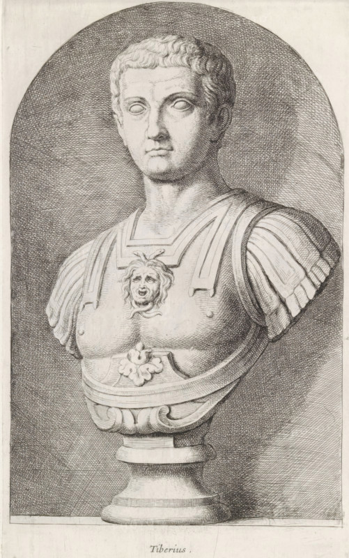 Tiberius, Bust of Emperor Tiberius, print, album page, Series number, 24, 98, Classical bust of a man with breastplate. On his cuirass the head of Medusa., with a series of prints after the sculptures in the collection of Gerard Reynst., number: '51', inscription: 'Vide lib. No. 19. fol. 3', printmaker: Hubert Quellinus, Antwerp, printmaker: Gerard de Lairesse, 1646 - 1670, paper, engraving, gravure, height 325 mm x width 193 mm, Person, piece of sculpture, reproduction of a piece of sculpture, A detailed pencil or ink drawing of a classical bust on a pedestal depicting a male figure with short curly hair and a neutral facial expression, shown from the chest upward against a shaded oval background; the figure wears ornate armor with a decorative face motif on the chest plate and layered shoulder guards, and the pedestal beneath the bust has carved ornamentation and rounded tiers.