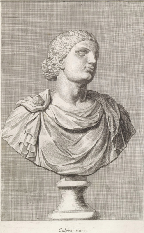 Bust of Calpurnia Pisonis, Calphurnia, print, album page, Series number, 25, 98, Classical bust of a woman., with a series of prints after the sculptures in the collection of Gerard Reynst., number: '52', printmaker: Hubert Quellinus, Antwerp, printmaker: Gerard de Lairesse, 1646 - 1670, paper, engraving, gravure, height 327 mm x width 197 mm, Person, Calpurnia Pisonis, piece of sculpture, reproduction of a piece of sculpture, A monochrome engraved bust of a classical figure shown from the shoulders up on a pedestal, with wavy hair pulled back into a bun, smooth facial features and a slightly turned head, draped clothing with detailed folds gathered at one shoulder by a decorative circular clasp, textured crosshatched background, and a carved pedestal base visible below the bust.