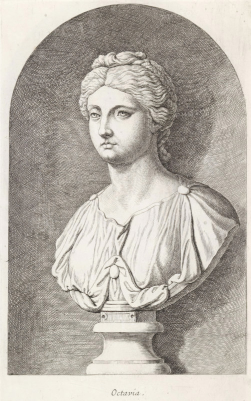 Octavia, Bust of Octavia, print, album page, Series number, 26, 98, Classical bust of a woman. She wears part of her hair in a braid around her head., with a series of prints after the sculptures in the collection of Gerard Reynst., number: '52', printmaker: Hubert Quellinus, Antwerp, printmaker: Gerard de Lairesse, 1646 - 1670, paper, engraving, gravure, height 325 mm x width 193 mm, piece of sculpture, reproduction of a piece of sculpture, A detailed black and white engraved bust of a woman mounted on a pedestal, shown from the shoulders up against a shaded arched background; she has wavy hair pulled back and styled in a knot at the crown, a calm neutral expression with eyes looking slightly to the side, and smooth classical facial features; her garment drapes across her shoulders and chest with rounded clasps at the shoulders and gathered folds tied at the front, and the pedestal below has a rounded stepped base and rectangular plinth.