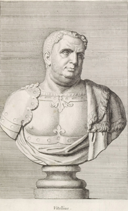 Vitellius, Bust of Emperor Vitellius, print, album page, Series number, 27, 98, Classical bust of a man with a double chin, wearing armor. A cloak lies over his shoulder., with a series of prints after the sculptures in the collection of Gerard Reynst., number: '53', printmaker: Hubert Quellinus, Antwerp, printmaker: Gerard de Lairesse, 1646 - 1670, paper, engraving, height 325 mm x width 195 mm, Person, piece of sculpture, reproduction of a piece of sculpture, A detailed pencil or ink drawing of a classical bust on a pedestal showing a man from the chest up facing slightly to the viewer's right; he has short curly hair, a rounded face, prominent jaw and neck, and a neutral expression with eyes looking outward. The figure wears ornate armor with decorative motifs across the chest and a shoulder guard on the left side, and a draped cloth with a textured fur or heavy fabric hanging over the right shoulder. The pedestal beneath the bust is rounded and carved, and the background consists o...